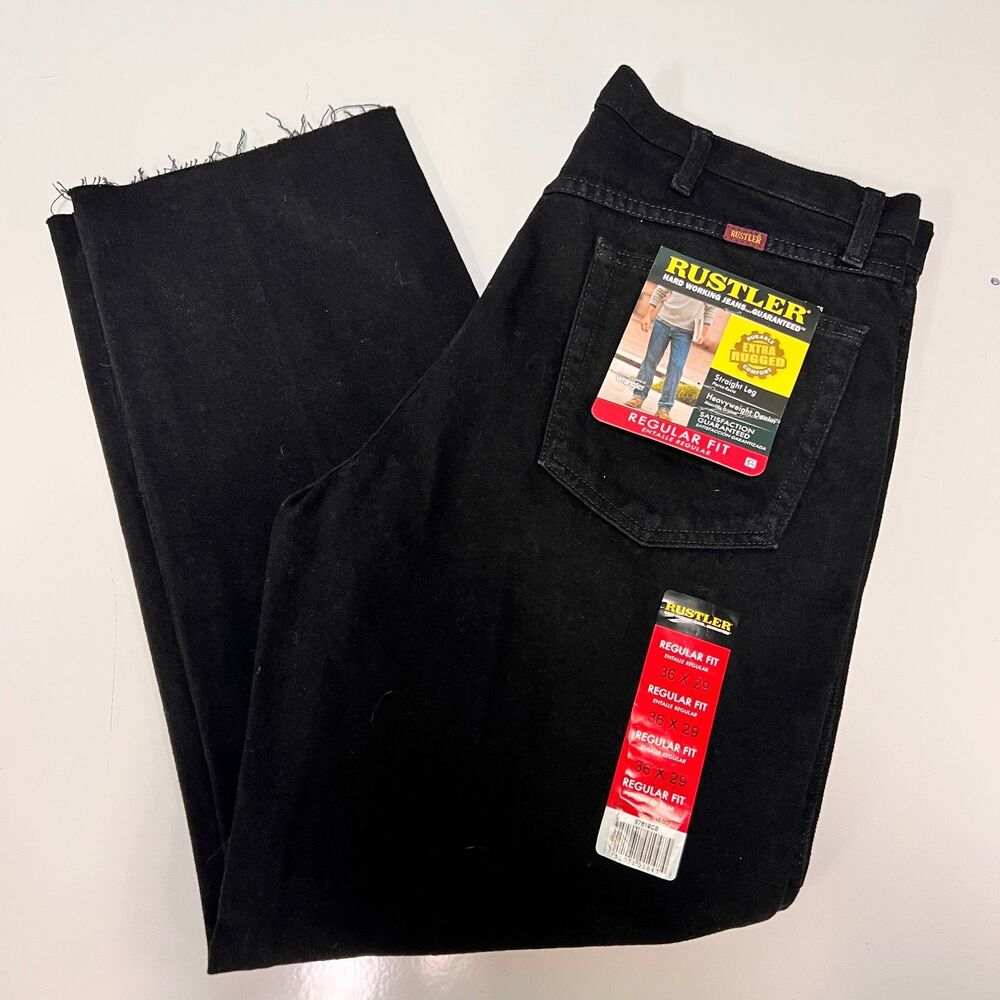Rustler Mens 36x29 Black Straight Leg Jeans 90s Y2K Vintage Raw Hem NWT Denim